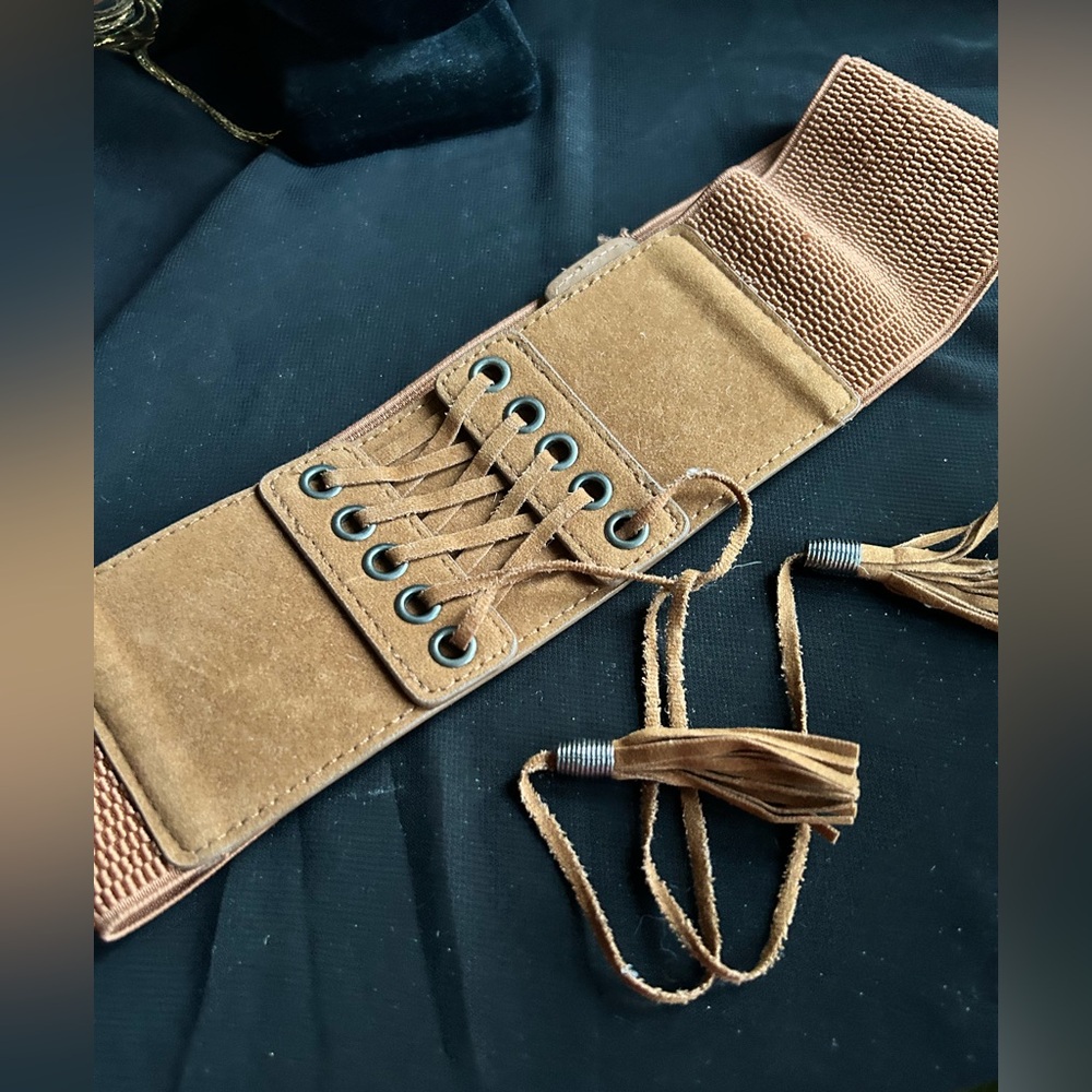 Elegant Boho Suede Tan Lace-Up Women's Belt with snap closure.